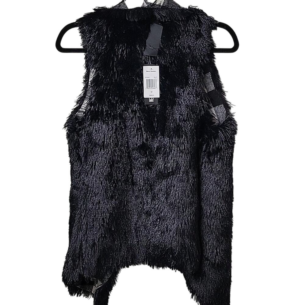 Steve Madden Reversible Faux Fur Black White Checkered Vest Womens Medium NWT